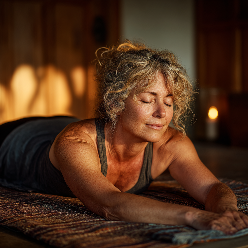 Група възрастни хора практикуват йога в спокойна обстановка