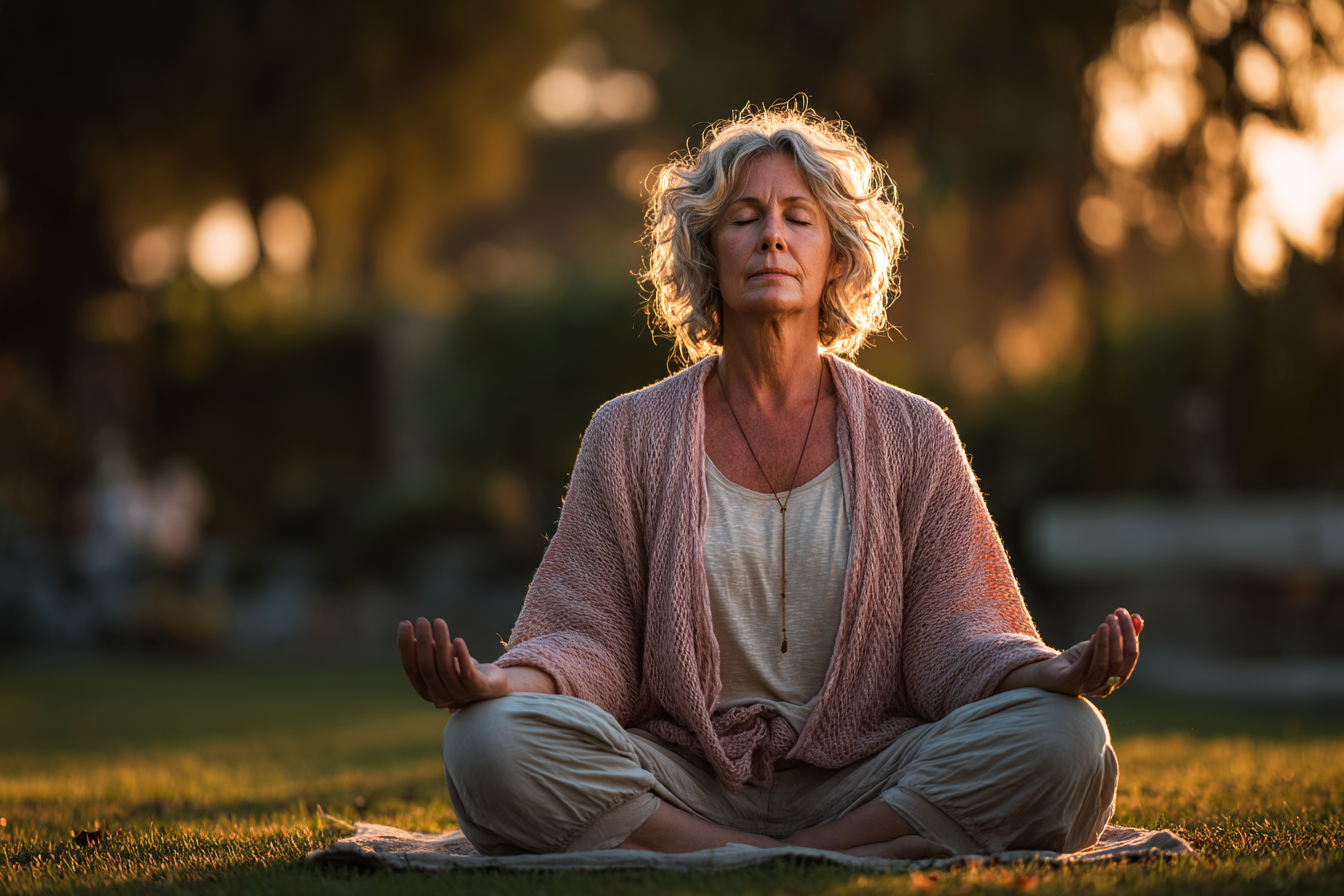 Възрастна жена медитира на спокойно място сред природата